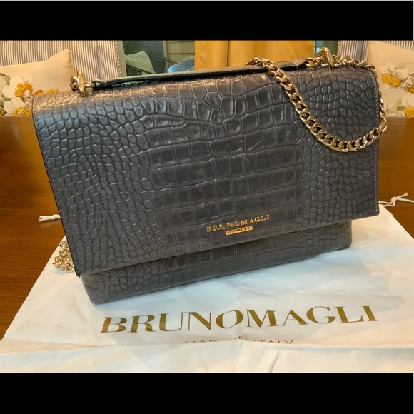 Bruno Magli Handbags - …SOLD...     CROC-EMBOSSED CHAIN SHOULDER BAG - GREIGE